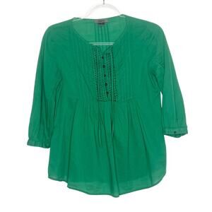 PREMISE Peasant Blouse Tie Front V-Neck 3/4 Sleeve Pearl Buttons Green Sz Small
